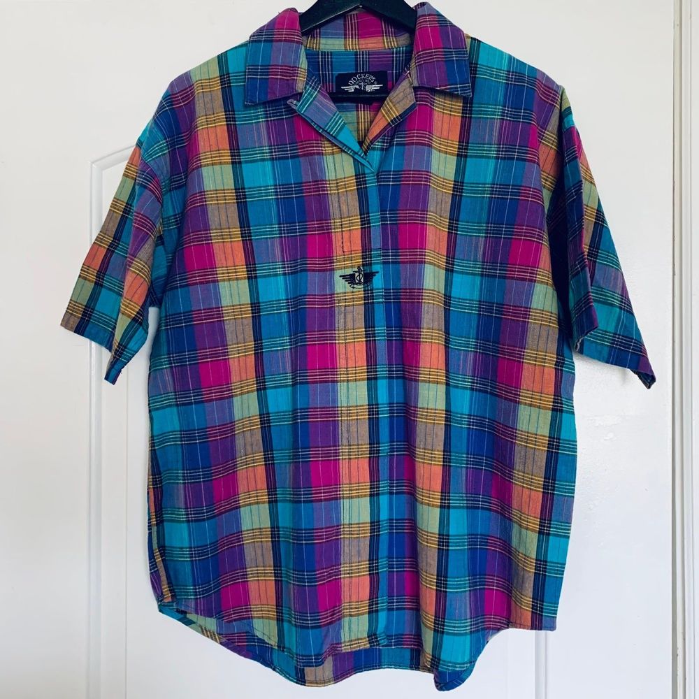 Uniquely RARE Vintage Dockers Bright Plaid Print Button Up Dress Shirt | Size: S